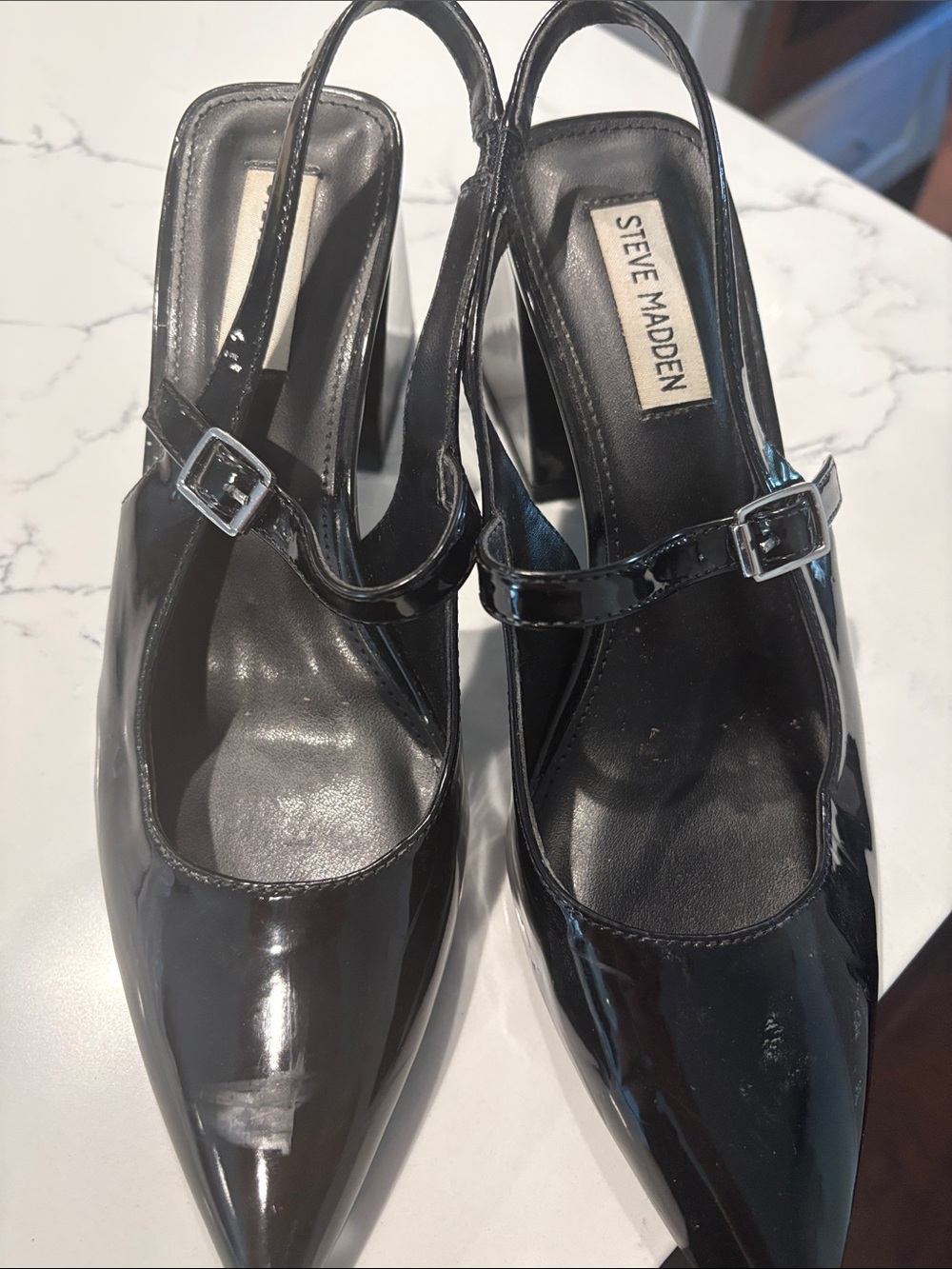 Steve Madden Black Patent Pointed Mary Jane Slingback Heels